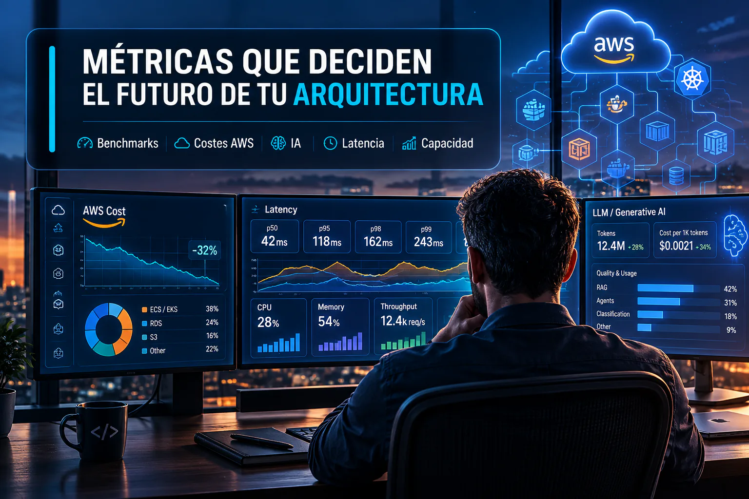 Portada del artículo: Benchmarks de negocio: cómo conectar coste AWS, tokens de IA y latencia